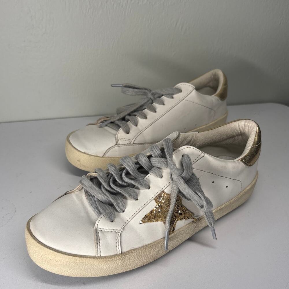 Golden Goose Super Star Low Top Sneakers 37 6.5 GGDB White Gold Glitter Leather